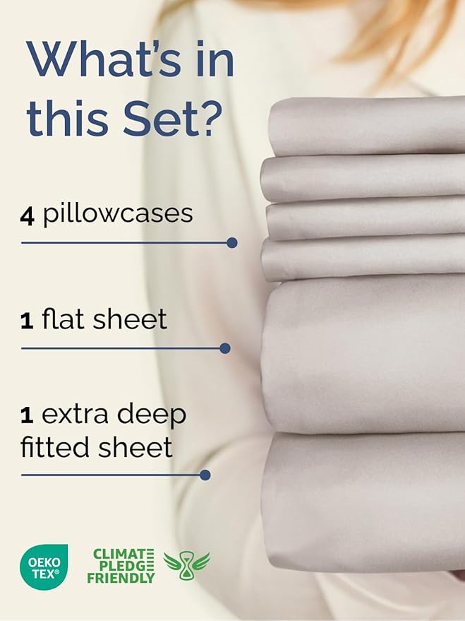 Extra Deep Queen Sheet Set - 6 Piece Breathable & Cooling Sheets - Hotel Luxury Bed Sheets Set - Easy & Secure Fit - Soft, Wrinkle Free & Comfy Sheets Set - Light Grey Sheet Set w/Extra Deep Pockets