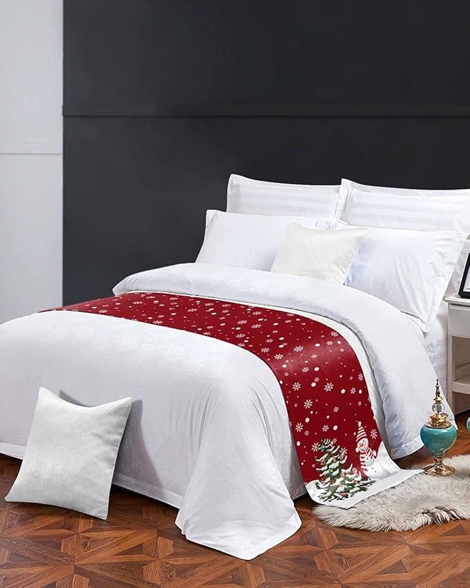 Christmas Tree Snowflakes Snowman Bed Runners for Bedroom Hotel,Decorative Bedding Scarf Red White Green Bed End Blanket Bedding Runner Scarves for Twin Size Bed,71x20in