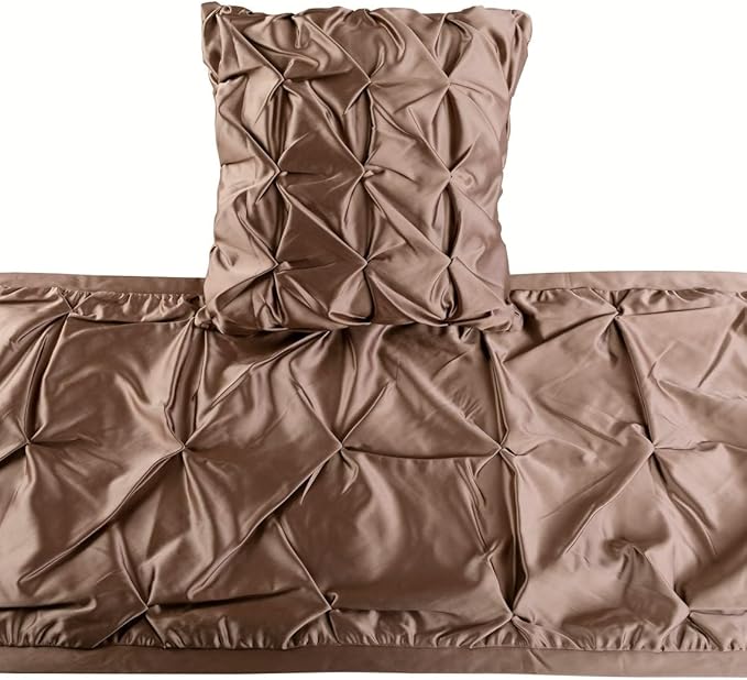 The HomeCentric Beige Bed Runner, Full Size 68"x18" Decorative Bed Runner with 2 Matching Pillow Cover, Beige Satin Bed Scarf in Pintucks - Satin Ballet Swirl