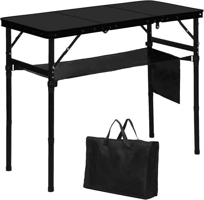 LOFTEY Folding Camping Table with 3 Adjustable Height, 3ft Foldable Aluminum Camp Table, Lightweight with Storage Bag, Portable for Outdoor, BBQ, Hiking, 34.2" x 15.7" x 27.5", Black