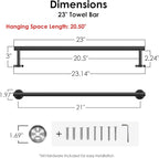 FORIOUS Towel Bar Wall Mounted, Stainless Steel Towel Racks for Bathroom, Includes Wall Mounting Hardware (Matte Black, 23 Inch)
