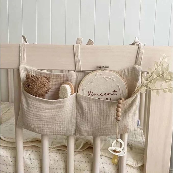 Cotton Baby Bedside Hanging Storage Bag,2 Pockets Organizer for Baby Cribs and Toys (Oatmeal)