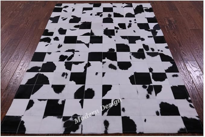 Modern Design Premium Cowhide Leather Carpet with Chevron Pattern, Area Rug (Black/White, 2x3)