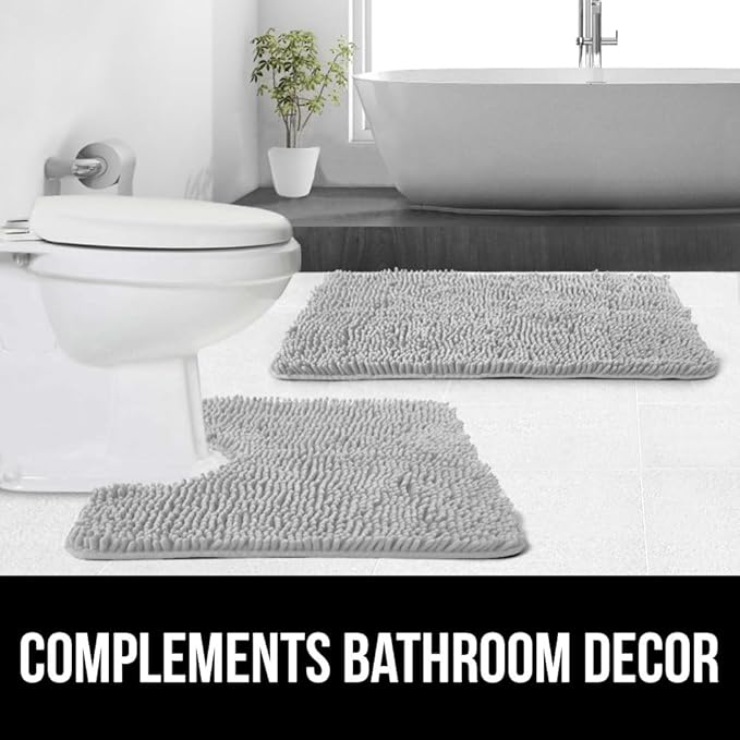 GORILLA GRIP Plush Absorbent Shaggy Chenille Bath Rug Mat for Square Toilet Base with Rubber Backing, Machine Washable Rugs, Soft Microfiber Contour Mats for Toilets, Bathroom Decor, Lt Gray