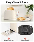 CROWNFUL 2-Slice Toaster, Extra Wide Slots Toaster, Retro Stainless Steel with Bagel, Cancel, Defrost, Reheat Function and 6-Shade Settings, Removal Crumb Tray, Cream