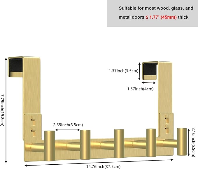 PMMASTO Over The Door Hooks, Fits 1-3/4" Thick Door No Drill Hooks for Closet Bathroom Bedroom Organization, Hanger for Coat Towel Robe (Gold, 5 T-Hooks)