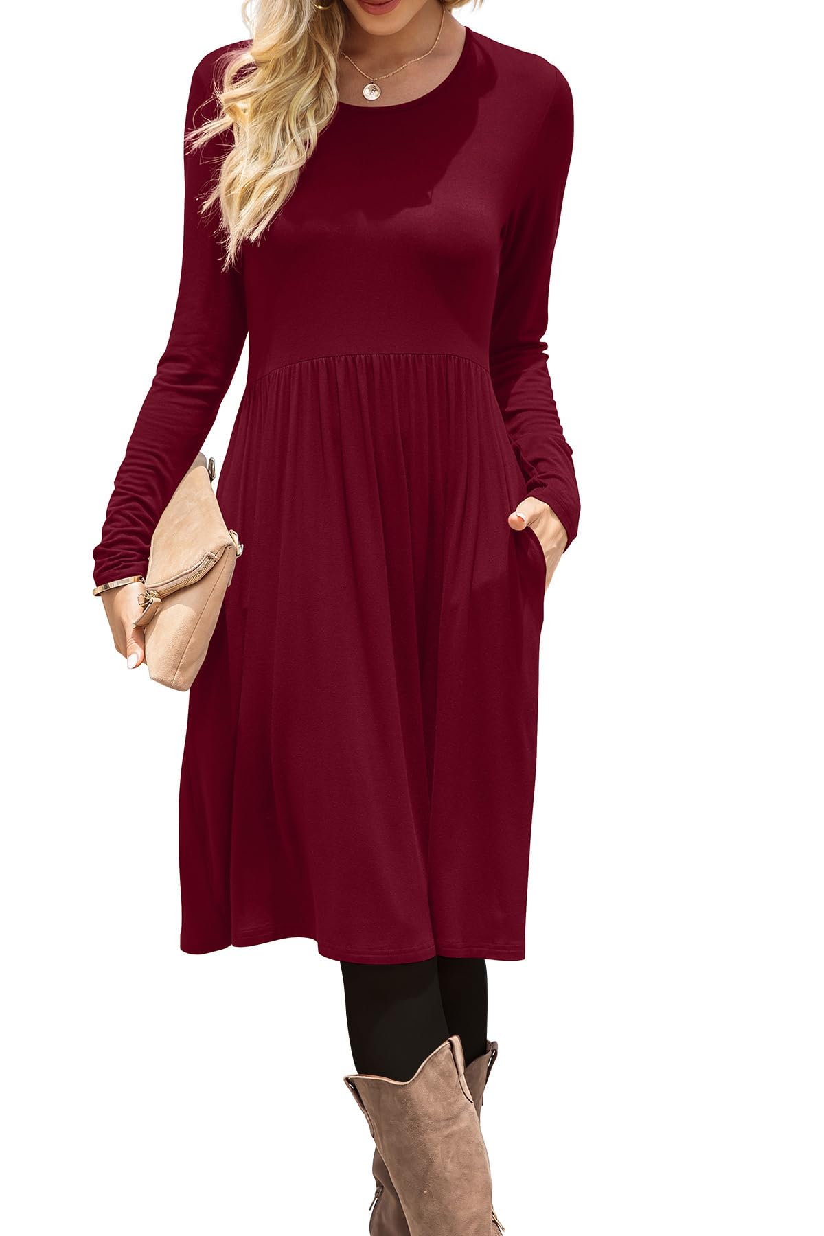 DB MOON Women Casual Long Sleeve Dresses Empire Waist Loose Dress with Pockets (Army Green, 2XL)