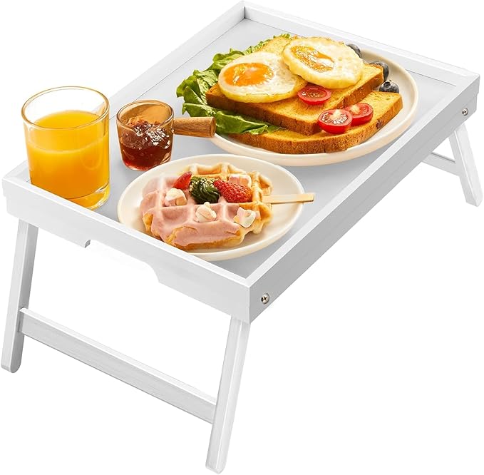 Bamboo Bed Tray for Breakfast, Snack Table with Folding Legs for Eating, Sofa, Couch, Working by Pipishell (White)
