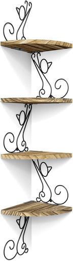 Alsonerbay Wall Mount Corner Shelves 4 Tier Floating Corner Storage Wood Shelves Decorative Rustic Radial Shelf in Cat Shape Carbonized Black