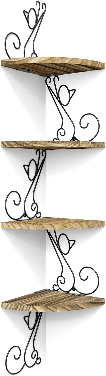 Alsonerbay Wall Mount Corner Shelves 4 Tier Floating Corner Storage Wood Shelves Decorative Rustic Radial Shelf in Cat Shape Carbonized Black