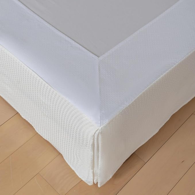 Queen Bed Skirt, Wrap Around Bed Skirt with Pleated Corner, 16 Inch Drop Pleated Waffle Weave Bedskirts, Anti-Slip, Microfiber, Ivory, 16'' Queen