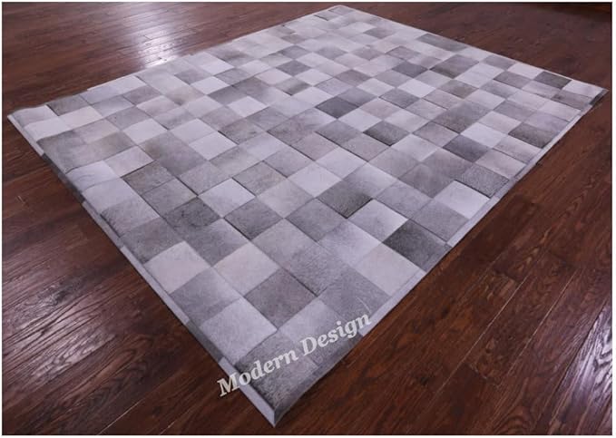 Modern Design Premium Cowhide Leather Carpet with Chevron Pattern, Area Rug (Grey, 12x15)