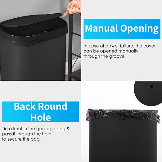 BestOffice | 13 Gallon Trash Can with Lid | Automatic Touchless Garbage Can | Odor Control | Modern Oval Design | Easy to Clean | Plastic | Black | Fits Any Kitchen, Bathroom, Office or Home