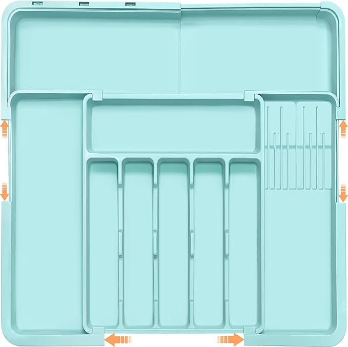 Homecor Silverware Organizer - Expandable Large Kitchen Drawer Organizer Utensil Organizer with 2 Knife Block Inserts, 22"x 19"Cutlery Tray with Drawer Dividers for Kitchen Flatware (Turquoise)