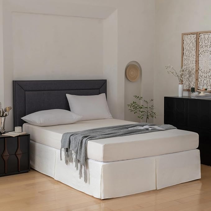 Queen Bed Skirt, Wrap Around Bed Skirt with Pleated Corner, 16 Inch Drop Pleated Waffle Weave Bedskirts, Anti-Slip, Microfiber, Ivory, 16'' Queen