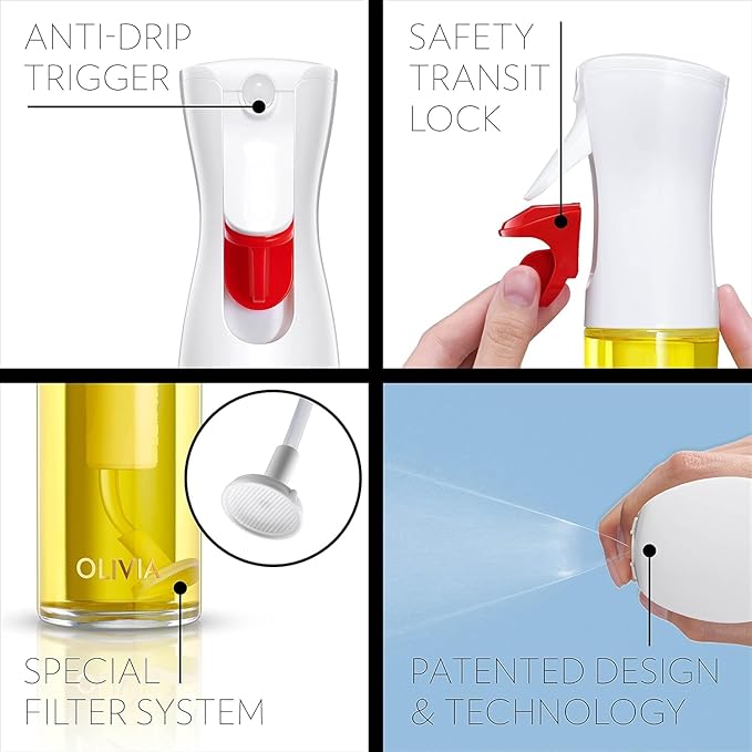 OLIVIA. The Original Advanced Oil Sprayer for Cooking, Salads, BBQs and More, Continuous Spray with Portion Control, Trusted by Chefs. Patented Technology. (Glass Bottle) (White Print)