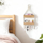 Mkono Macrame Hanging Shelf for Bedside Shelf Organizer with Hooks, Boho Wall Decor Cute Wood Floating Shelves for Girls Bedroom Dorm Nursery, Wall Storage for Phone, Remote, Accessories (Small)