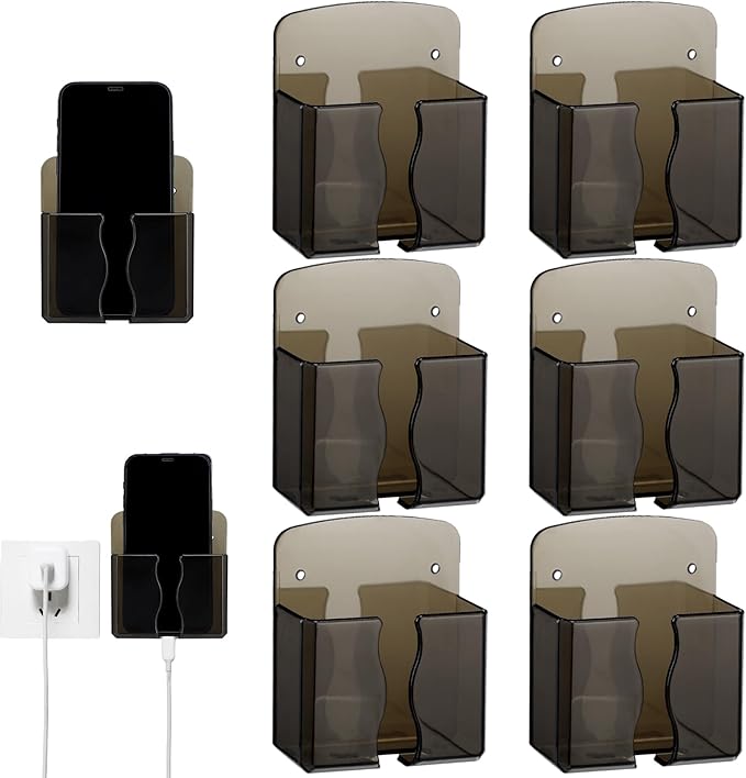 Geelin 6 Pcs Wall Mounted Phone Holder Self Adhesive Cell Phone Stand with Charging Hole Acrylic Remote Control Stand Bedside Organizer for RV Bed Desk Shower Most Smartphone(Black,Classic Style)
