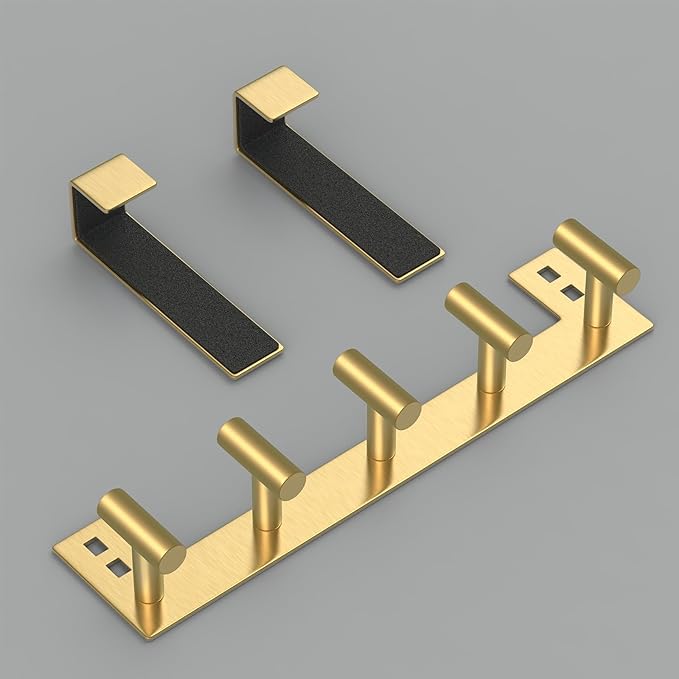 PMMASTO Over The Door Hooks, Fits 1-3/4" Thick Door No Drill Hooks for Closet Bathroom Bedroom Organization, Hanger for Coat Towel Robe (Gold, 5 T-Hooks)