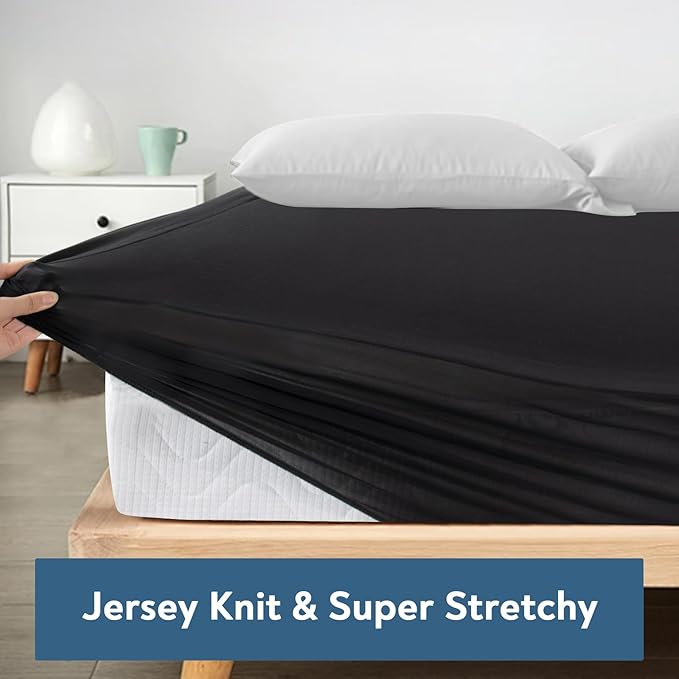 Twin Fitted Sheet Only, Super Soft & Cozy Twin Size Bed Sheets for Boys Kids with Deep Pocket to 14 Inch, Cooling Jersey Mattress Bottom Sheets,Shrinkage & Stain Resistant, Wrinkle Free, Black