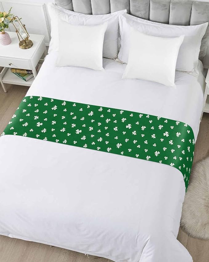 St Patrick's Day Lucky Leaves Bed Runners for Bedroom Hotel,Decorative Bedding Scarf White Shamrock on Green Bed End Blanket Bedding Runner Scarves for Twin Size Bed,71x20in
