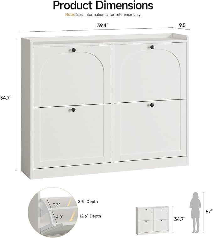 ONBRILL Shoe Cabinet with 4 Flip Drawers, Freestanding Ultra Slim Hidden Shoe Organizer with Classic Arched Pattern, 16-24 Pairs Shoe Storage Cabinet for Entryway Hallway Living Room (White)