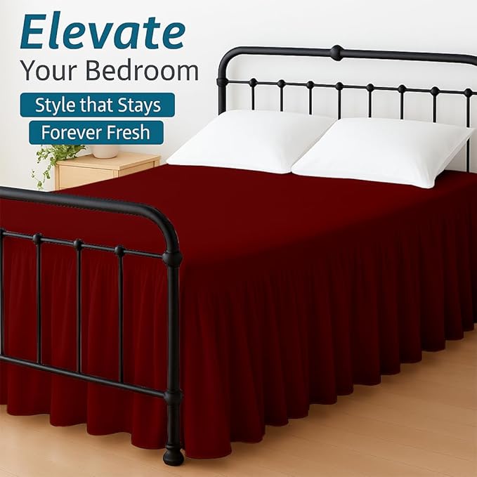 Shreem Linen Ruffled Bed Skirt with Split Corners, Gathered Style, 100% Microfiber, 18-Inch Drop, Dust Ruffle Bedskirt with Platform, Short Queen, Burgundy