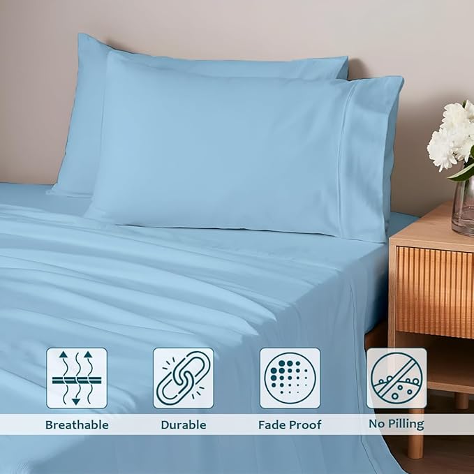 Queen Sheet Set - Luxury 338 Thread Count Sateen, 100% Egyptian Cotton Deep Pocket Queen Sheets with All Around Elastic for a, Hotel Quality Bedding Set (Light Blue Solid)
