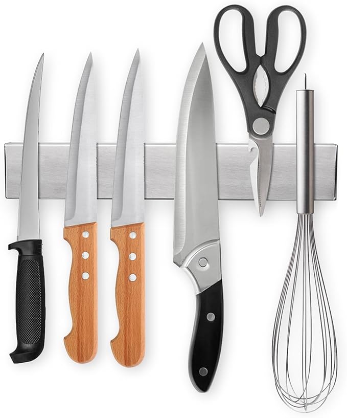 Ninonly 10 Inch Magnetic Knife Strip, Premium Stainless Steel Wall Mounted Kitchen Knives Bar,Space-Saving Powerful No Drilling Magnetic Knife Rack for Home Kitchen Utensil Holder & Tool Holder
