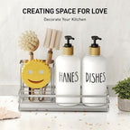 Moforoco Kitchen Dish Soap Dispenser Set, 16OZ Glass Bottle, Hand and Dish Soap Dispenser Set, Instant Dry Tray, Brush Holder with Smiley Face Sponge Holder (Silver Tray+White Bottle)