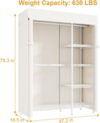 ULIFHOME F2C Clothes Rack with Cover, Clothing Racks for Hanging Clothes, Heavy Duty Garment Rack with Shelves and Hanger Rods, White Closet with Beige Cover, 47.2" W x 16.5" D x 78.3" H, Load 630lbs