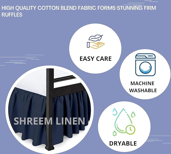 Shreem Linen Ruffled Bed Skirt with Split Corners, Gathered Style, 100% Microfiber, 24-Inch Drop, Dust Ruffle Bedskirt with Platform, RV King, Navy Blue