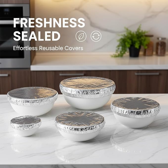 Reusable Aluminum Foil Food Covers: Heat-Insulating, Freshness-Preserving, Flexible Kitchen Lids for Meal Prep, Baking, and Food Storage (50)
