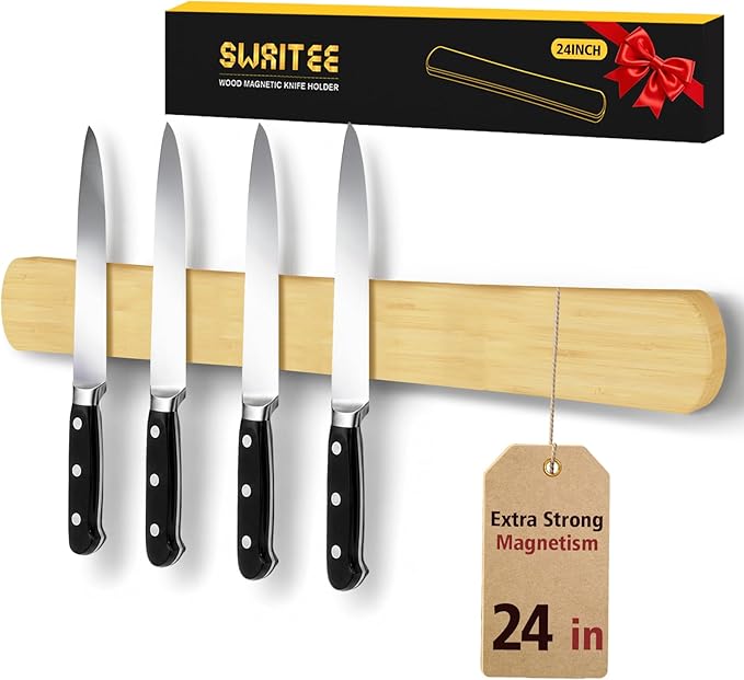 Swaitee Magnetic Knife Holder for Wall, 24 Inch Large Bamboo Magnetic Knife Strip, Kitchen Storage Organizer, Fridge Side Mount, Housewarming Gifts for New Home