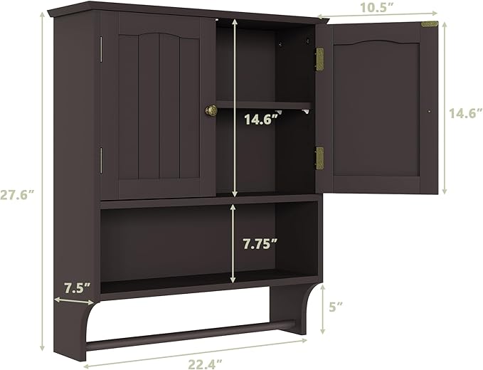 Smuxee Brown Wall Cabinet with Towel Bar - Medicine Cabinet with Adjustable Shelves, Over Toilet Cabinet for Laundry Room Kitchen