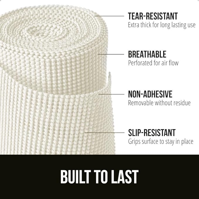 GORILLA GRIP powerGRIP Drawer Shelf and Cabinet Liner, Thick Strong Hold, Non-Adhesive Liners Protect Kitchen Cabinets and Cupboard, Bathroom Drawers, Easy Install, Breathable Mat, 17.5" x10', White