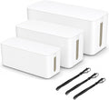 [Set of 3] 3 Cable Management Boxes + 3 Wire Ties, Large Cord Box Organizers to Hold and Hide Power Strip Charger Adapter Power Cord Charging Station USB HUB (White)