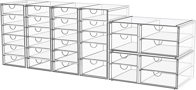 YFXCVSL Acrylic Makeup Organizer with 31 Drawers, 6 Pack Clear Storage Drawers, Bathroom Makeup Organizer for Palettes, Cosmetic, and Beauty Supplies,Ideal for Vanity, Cabinet,Desk Organization