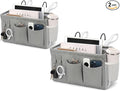2pc Bedside Caddy Organizer with Hooks, No-Sagging Canvas Hanging Bed Pocket with Water Bottle Holder, Bedside Storage for Dorm Room Essentials, Bunk Bed Accessories, Hospital Bed Rails & Crib (gray)