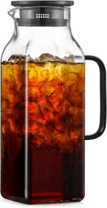 2 Quart (2 Liter 68 oz) Square Glass Pitcher with Lid and Spout, Water Pitchers with Handle for Fridge, Borosilicate Glass Carafe for Hot/Cold Drink, Large Jug for Iced Tea, Coffee, Beverage, Black