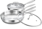 DELARLO Tri-ply Stainless Steel Frying Pan Set with Lid 8" 12" Induction large Skillets Chef's Pan,Pots and Pans Set Kitchen Cookware Set Suitable for All Stove