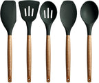 Non-Stick Silicone Cooking Utensils Set with Natural Acacia Hard Wood Handle, 5 Piece, High Heat Resistant (Green)