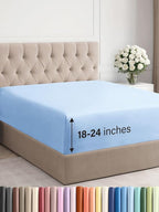 Extra Deep Queen Fitted Sheet - Hotel Luxury Single Fitted Sheet Only - Easily Fits 18 inch to 24 inch Mattress - Ultra Soft, Wrinkle & Fade Free w/Extra Deep Pocket - Breathable & Comfy - Light Blue