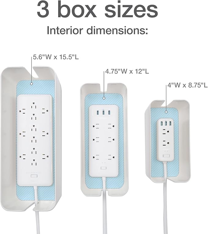 Oxford Cable Management Boxes, 3 Pack, Small, Medium, Large, 15 Cable Ties (Hook & Loop, Silicone,Twist Ties), Power Strip Organizer, White (27800)