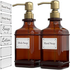 GLADPURE Soap Dispenser 2 Pack, Hand Soap Dispensers with 18 Oz Antique Design Thick Amber Glass Bottle, 316 Rust Proof Stainless Steel Pump, 6Pcs Stickers, for Lotion, Soap - Brushed Gold