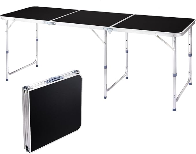 Outvita 6ft Portable Folding Camping Table, Outdoor Waterproof Adjustable Height Table, Aluminum Lightweight Suitcase Foldable Table for Picnic BBQ Beach Dining