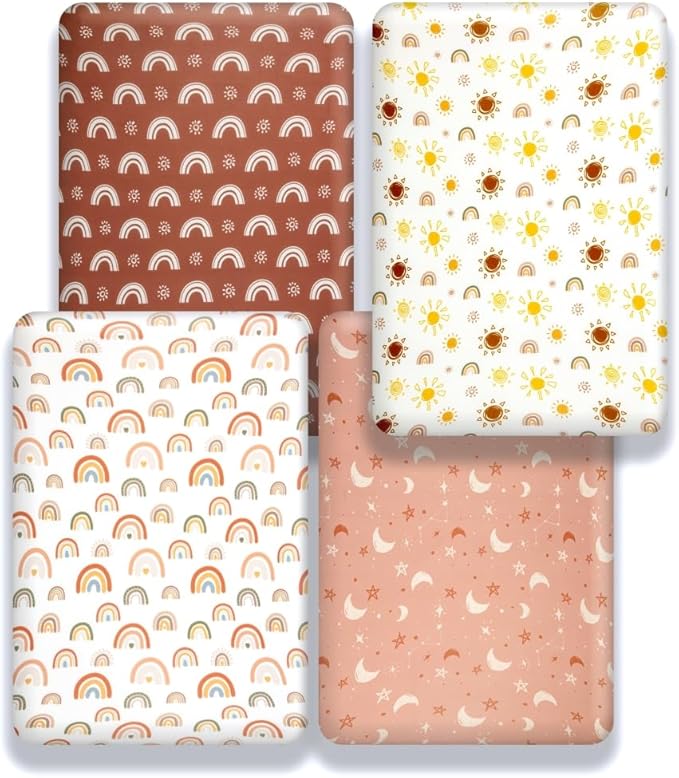 4 Pack Crib Sheets Boho Nursery Sheets Sunshine and Rainbow Desdign Neutral Unisex Fitted Baby Standard Crib Sheets for Baby Boys or Girls (Crib Sheets)