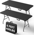 6FT Folding Table, Heavy Duty Plastic Fold-in-Half Utility Table with Handle, Portable Camping Picnic Table with Steel Legs for Indoor Outdoor Party, Dining, Black,2 Pack