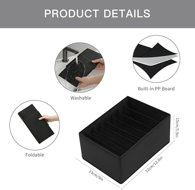 Qozary 4 Pack Drawer Organizers for Clothing, 8 Grids Foldable Closet Organizers and Storage Bins for Bedroom, Dresser Organizer Boxes for Thin T-shirts, Tank Tops (Black, Upgrade Height)