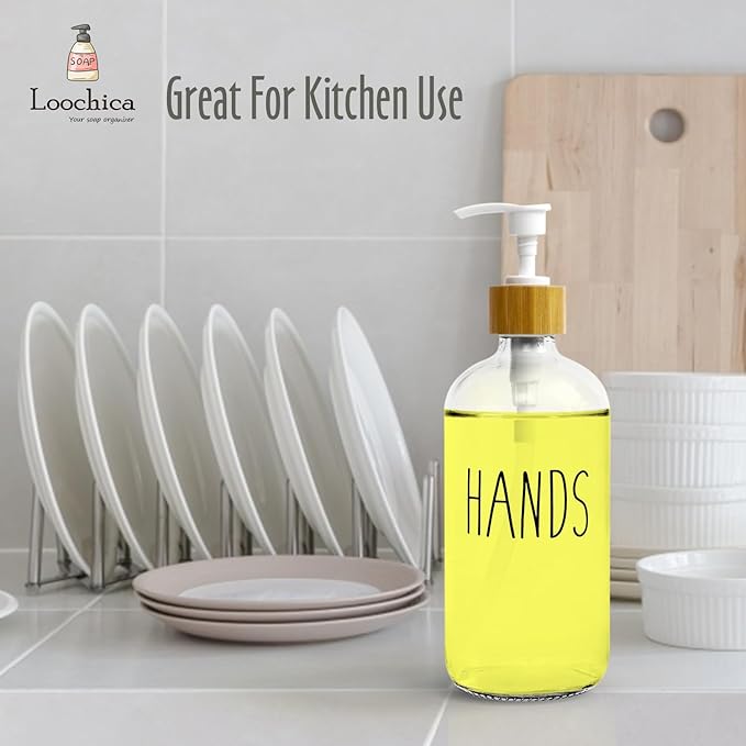 LOOCHICA Clear Glass Soap Bottle - Hands Free Dispenser for Kitchen or Bathroom